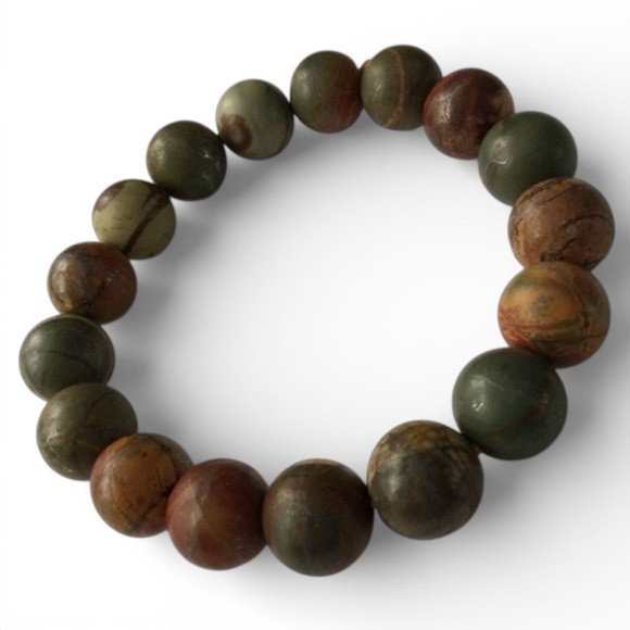Handmade Natural Matte Picasso Jasper Beaded Bracelet, 10mm Sz 7.5 - 8" - Picture 10 of 11